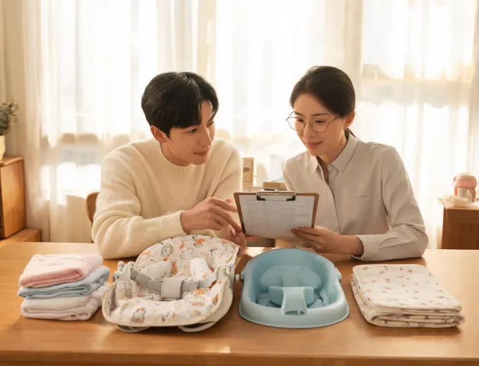 Parent and retailer reviewing baby product shortlist