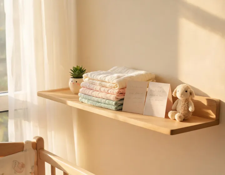 Summer Infant nursery story with folded blankets and family notes