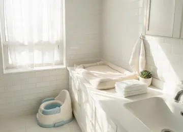 Toddler potty and changing pad in an organized bathroom corner