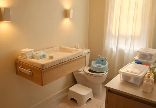 Toddler bathroom setup with potty and changing pad